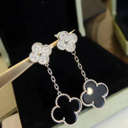 Miro CLOVER 2 MOTIFS  DIAMOND ONYX EARRINGS SILVER