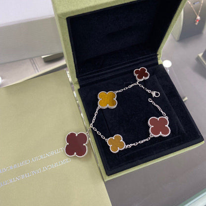 Miro CLOVER 5 MOTIFS SIVLER CARNELIAN TIGER EYE BRACELET