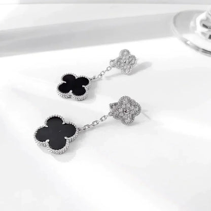 Miro CLOVER 2 MOTIFS  DIAMOND ONYX EARRINGS SILVER