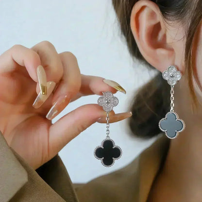 Miro CLOVER 2 MOTIFS  DIAMOND ONYX EARRINGS SILVER