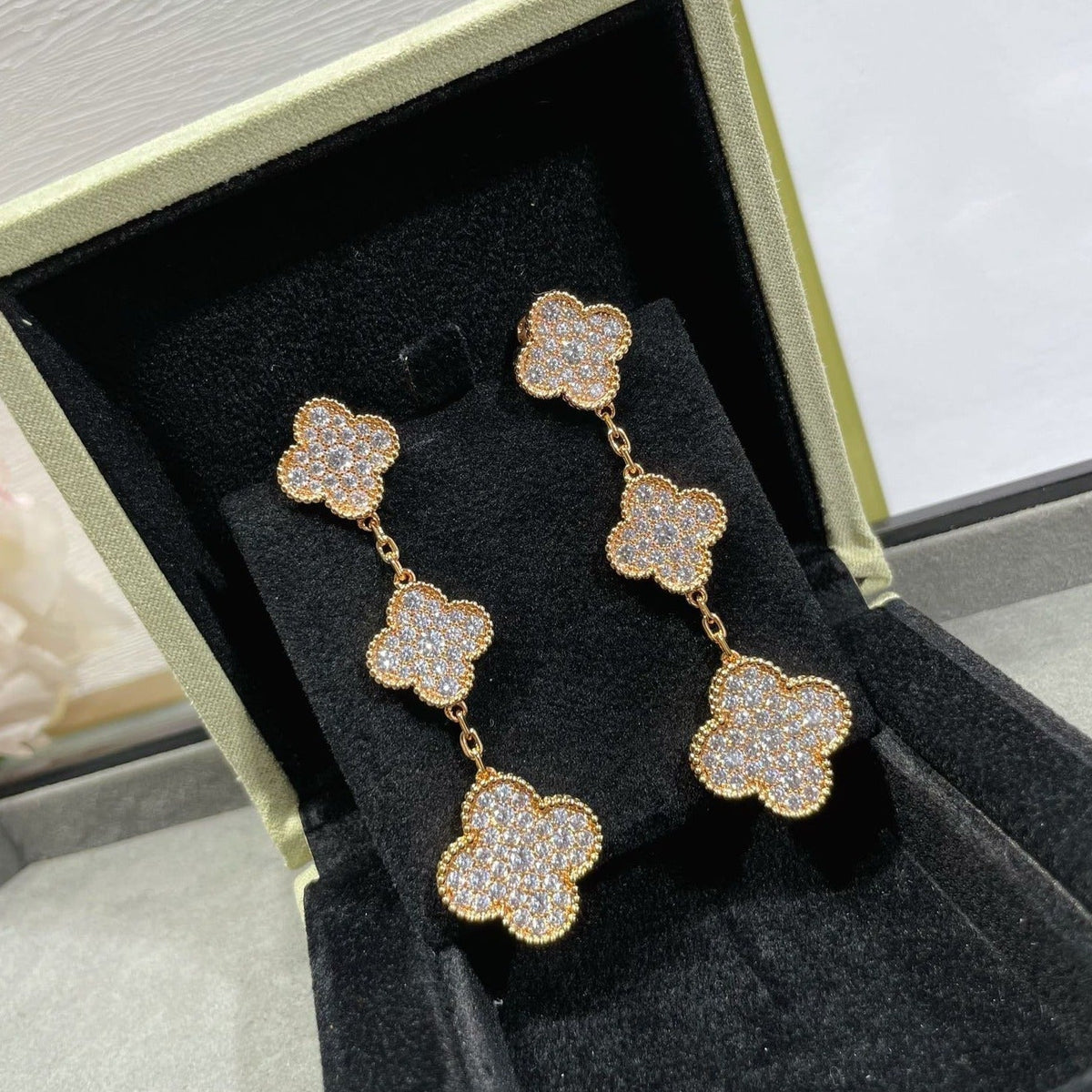 Miro CLOVER 3 MOTIFS DIAMOND PAVED ROSE GOLD EARRINGS