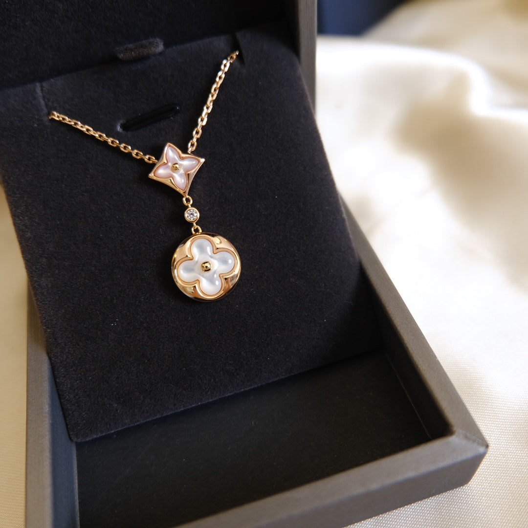 Miro STAR AND SUN WHITE MOP 2 MOTIF PINK GOLD NECKLACE