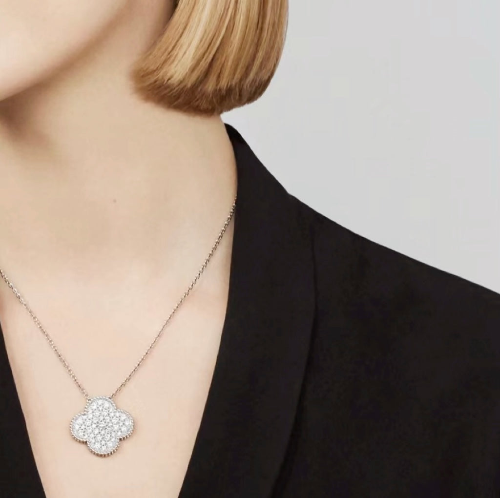 Miro CLOVER 25MM LARGE PENDANT DIAMOND PAVED SILVER NECKLACE