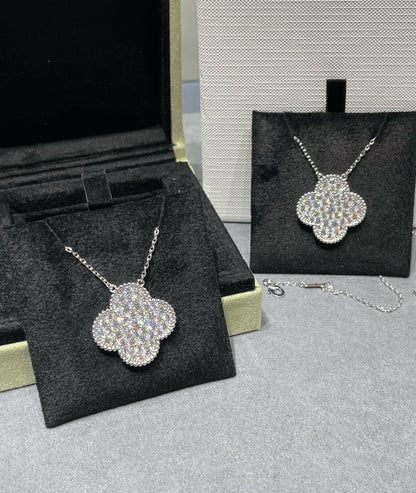 Miro CLOVER 25MM LARGE PENDANT DIAMOND PAVED SILVER NECKLACE