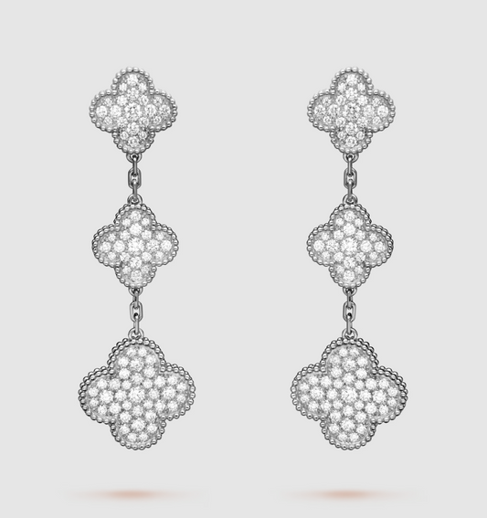 Miro CLOVER 3 MOTIF DIAMOND SILVER DROP EARRINGS