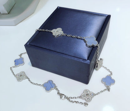 Miro CLOVER 10 MOTIFS CHALCEDONY DIAMONDS SILVER NECKLACE