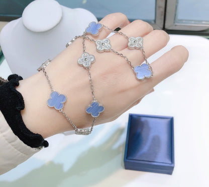 Miro CLOVER 10 MOTIFS CHALCEDONY DIAMONDS SILVER NECKLACE